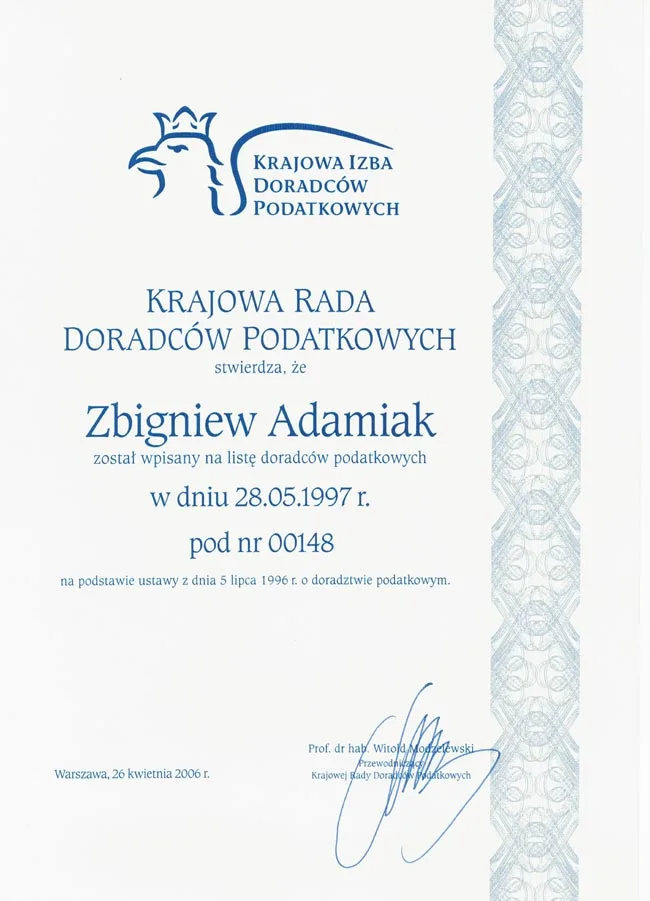 Potwierdzenie wpisu Zbigniewa Adamiaka na listę doradców podatkowych